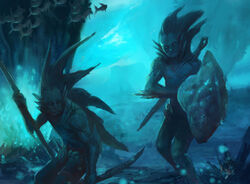  anthony_francisco anthro blue_theme cool_colors detailed_background duo feral fish gills hasbro head_crest holding_melee_weapon holding_object holding_sword holding_weapon magic:_the_gathering male marine melee_weapon merfolk official_art polearm scalie scythe seabed shield split_form sword underwater walking water weapon wizards_of_the_coast 