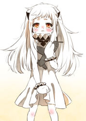  abyssal_ship aircraft airplane bad_id bad_pixiv_id blush brown_eyes colored_skin crying crying_with_eyes_open dress female horns jakey kantai_collection long_hair mittens northern_ocean_princess solo tears white_hair white_skin 