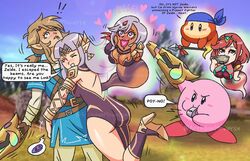  alternate_costume artist_request ass_grab boots cia_(zelda_musou) high_heel_boots high_heels homura_(xenoblade_2) hug kirby kirby_(series) link nintendo possessed princess_zelda super_smash_bros. super_smash_bros._ultimate the_legend_of_zelda zelda_musou 