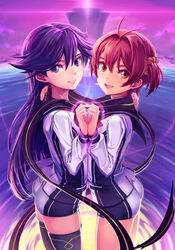  2girls blush heart heart_hands heart_hands_duo holding_hands isshiki_akane kuroki_rei long_hair looking_at_viewer michairu multiple_girls national_shin_ooshima_school_uniform open_mouth purple_eyes purple_hair purple_scarf red_eyes red_hair scarf school_uniform shared_clothes shared_scarf short_hair smile symmetry thighhighs twintails vividred_operation 