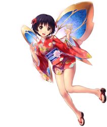  banned_artist black_hair bonbori_(sennen_sensou_aigis) brown_eyes fairy_wings full_body hair_ornament kawasumi_(japonica) long_sleeves obi open_mouth sandals sash sennen_sensou_aigis short_hair smile solo transparent_background wings 