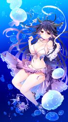  bikini breasts cleavage commentary_request danua draph female granblue_fantasy highres holding_breath horns jellyfish large_breasts long_hair mizuno_sao pointy_ears red_eyes solo swimsuit underwater 