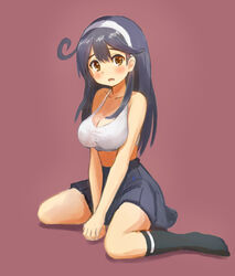  ahoge bad_id bad_pixiv_id black_hair blush bra breasts commentary_request female highres kantai_collection karashi_(tou_gara_shi) large_breasts long_hair open_mouth sitting skirt solo underwear ushio_(kancolle) wariza 