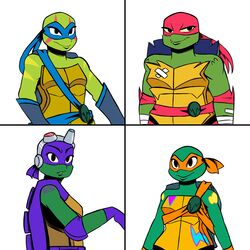  1:1 2018 alligator_snapping_turtle anthro band-aid bandage bandana belt box_turtle breasts clothed clothing cute_fangs donatello_(rottmnt) donatello_(tmnt) elbow_pads eyewear eyewear_on_head facial_markings female gloves goggles goggles_on_head group handwear head_markings hi_res inkyfrog kerchief leonardo_(rottmnt) leonardo_(tmnt) markings mask michelangelo_(rottmnt) michelangelo_(tmnt) mtf_crossgender non-mammal_breasts ornate_box_turtle pond_slider raphael_(rottmnt) raphael_(tmnt) red-eared_terrapin reptile rise_of_the_teenage_mutant_ninja_turtles rule_63 sash scalie shell simple_background smile snapping_turtle softshell_turtle spikes spiny_softshell_turtle teenage_mutant_ninja_turtles terrapin turtle turtle_shell white_background wraps wrist_wraps 