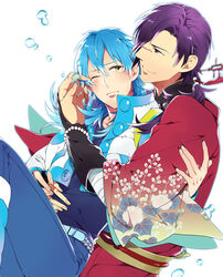  2boys bad_id bad_pixiv_id blue_hair blush couple dramatical_murder hug hug_from_behind japanese_clothes koujaku long_hair male_focus multiple_boys ponytail scar sei_(hanibani) seragaki_aoba tears wiping_tears yaoi 