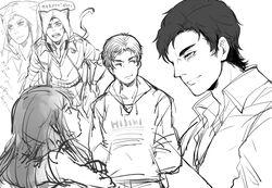  1boy aimf alex_mercer animal_ears cat_ears commentary_request elizabeth_greene female greyscale hood hoodie monochrome partially_translated prototype_(game) translation_request 