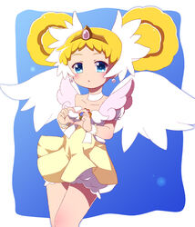  4-fingers_heart_hands angel_wings blonde_hair bloomers blue_eyes blush brooch candy_(smile_precure!) choker commentary_request double_bun earrings female hair_bun heart heart_hands jewelry personification precure royal_candy short_hair skirt smile_precure solo tiara ts1016 underwear white_bloomers white_choker white_wings wings yellow_skirt 