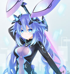  black_bodysuit blue_eyes bodysuit breasts commentary_request female hair_ornament hairclip keenh long_hair neptune_(series) next_purple photoshop_(medium) purple_bodysuit purple_hair purple_heart_(neptunia) shin_jigen_game_neptune_vii solo sword weapon 