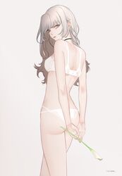  arms_behind_back ass back bare_arms bare_back bare_shoulders black_choker bra breasts brown_eyes choker closed_mouth commentary cowboy_shot expressionless female flower from_behind grey_background grey_hair highres holding holding_flower inanome_me long_hair looking_back original panties shoulder_blades signature simple_background small_breasts solo standing thighs underwater underwear underwear_only v_arms white_bra white_panties 