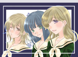  3girls black_hair blonde_hair blue_hair blunt_bangs bob_cut commentary_request framed green_eyes hirota_kaoru lillian_girls&#039;_academy_school_uniform looking_at_viewer maria-sama_ga_miteru multiple_girls nijou_noriko one_eye_closed purple_eyes satou_sei school_uniform serafuku short_hair toudou_shimako upper_body 