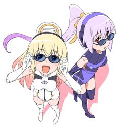  2girls :d :o adjusting_eyewear arnval_mk2 arnval_mk2_tempesta bare_shoulders black_gloves blonde_hair blush breasts busou_shinki doll_joints elbow_gloves foreshortening from_above full_body gloves gradient_hair hair_between_eyes hair_ribbon hands_up happy headgear high_ponytail ikuya_koimori joints leg_lift leotard long_hair looking_at_viewer medium_breasts multicolored_hair multiple_girls open_mouth pink_hair ponytail purple_hair purple_leotard red_eyes ribbon shadow simple_background smile standing standing_on_one_leg sunglasses very_long_hair white_background white_gloves white_legwear white_leotard 