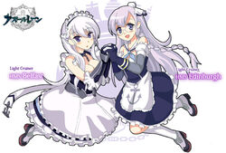  2girls apron azu_rentarou azur_lane belfast_(azur_lane) blue_eyes braid breasts chains character_name cleavage collar commentary_request corset dress edinburgh_(azur_lane) french_braid frilled_apron frilled_gloves frills glasses gloves grey_hair long_hair maid maid_apron maid_headdress multiple_girls round_eyewear waist_apron white_apron white_hair 