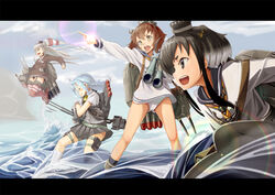  4girls aiueonesan_(umanaminoatama) amatsukaze_(kancolle) ascot bad_id bad_pixiv_id battle binoculars black_hair black_panties black_pantyhose black_socks blouse blue_hair brown_eyes cannon dress garter_straps hair_tubes hat hatsukaze_(kancolle) headgear jumping kantai_collection letterboxed long_hair mini_hat multiple_girls panties pantyhose photoshop_(medium) pointing red_legwear rensouhou-kun sailor_dress school_uniform serafuku shirt short_dress short_hair short_hair_with_long_locks sidelocks skirt socks striped_clothes striped_thighhighs thighhighs tied_shirt tokitsukaze_(kancolle) torpedo turret two_side_up underwear vest white_panties yukikaze_(kancolle) 