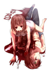  1boy absurdres barefoot blood blood_splatter brother_and_sister brown_hair cannibalism commentary dress exposed_muscle female flower guro hair_flower hair_ornament hairclip hasegawa_utsutsu hasegawa_yume highres pupa sakiryo_kanna scar scar_across_eye scar_on_face short_hair siblings 