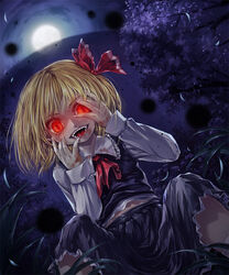  blonde_hair blood blood_on_clothes blood_on_hands blouse commentary_request darkness evil_smile fangs female full_moon misaki_(kyal_001) moon night open_mouth photoshop_(medium) red_eyes rumia sharp_teeth shirt short_hair skirt smile teeth touhou vest 