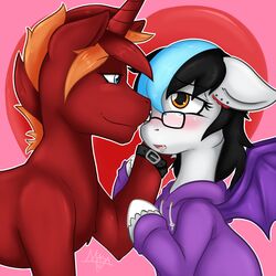  1:1 2016 bat_wings blush clothing duo equid equine eyewear fan_character female feral glasses hair happy hasbro heart_symbol hi_res hoodie horn male mammal masamaki membrane_(anatomy) membranous_wings my_little_pony mythological_creature mythological_equine mythology open_mouth pink_background simple_background smile topwear unicorn wings 