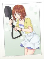  brown_eyes brown_hair camisole casual commentary cowboy_shot female girls_und_panzer holding jacket leaning_forward looking_at_viewer miniskirt mumyuu nishizumi_miho open_clothes open_jacket parted_lips shirt short_hair short_sleeves shovel skirt solo standing sweatdrop watch white_shirt white_skirt wristwatch yellow_jacket 