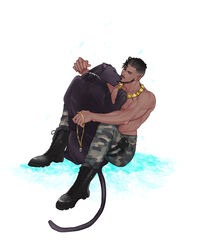  1boy animalization animification beard black_hair black_panther black_panther_(film) boots camouflage camouflage_pants commentary_request dark-skinned_male dark_skin dreadlocks facial_hair holding holding_jewelry holding_necklace jewelry killmonger leopard male_focus marvel marvel_cinematic_universe matsu_(bandan) necklace pants t&#039;challa topless_male 