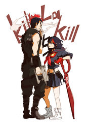  1boy bandaid bandaid_on_face bandaid_on_nose black_hair cigarette commentary_request female gun height_difference itumu kill_la_kill kinagase_tsumugu matoi_ryuuko midriff mohawk multicolored_hair red_hair school_uniform scissor_blade_(kill_la_kill) senketsu serafuku skirt smoke smoking suspenders sword two-tone_hair weapon 