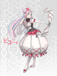  awii blue_hair blunt_bangs bow bow_(weapon) commentary_request dna double_helix dress elbow_gloves female full_body gloves hat highres long_hair merc_storia multicolored_hair parted_lips pikonyi pink_hair pointing red_eyes shoes solo standing weapon white_dress white_footwear white_gloves white_legwear 