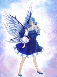  angel_wings armband bad_hands blue_dress blue_footwear blue_hair blue_skirt closed_eyes closed_mouth commentary cross cross_necklace dress english_commentary feathered_wings female flats frilled_sleeves frills gradient_background hand_on_own_cheek hand_on_own_face hand_up headphones highres jewelry legs_apart light_particles long_hair long_sleeves multiple_wings muutzi necklace photoshop_(medium) profile sariel_(touhou) skirt smile solo sparkle touhou touhou_(pc-98) white_wings wide_sleeves wing_collar wings 