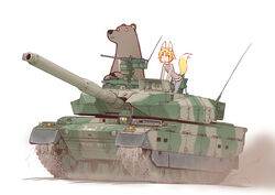  1boy animal animal_ears bear blonde_hair commentary_request female fox_ears fox_tail gun machine_gun meijou_inurou military military_vehicle motor_vehicle original short_hair tail tank type_10_(tank) weapon white_background 