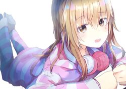  blonde_hair blush commentary feet_up female headphones headphones_around_neck ienaga_mugi ienaga_mugi_(1st_costume) long_hair lying nijisanji nishi_yasuaki on_ground on_stomach open_mouth pajamas pink_pajamas smile solo striped_clothes striped_pajamas virtual_youtuber 