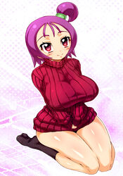  aged_up alternate_breast_size blush breasts commentary_request female huge_breasts looking_up naked_sweater ojamajo_doremi purple_hair red_eyes ribbed_sweater segawa_onpu sentarou short_hair side_ponytail sitting smile socks solo sweater wariza 