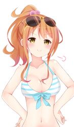  alternate_breast_size bare_shoulders bikini blue_bow blush bow breasts c: cleavage collarbone commentary_request eromanga_sensei eyewear_on_head female highres jinno_megumi looking_at_viewer medium_breasts nagomi_yayado navel orange_hair ponytail puff_of_air simple_background smile smug solo striped_bikini striped_clothes sunglasses swimsuit upper_body v-shaped_eyebrows white_background yellow_eyes 