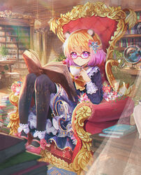  absurdres animal_ears black_pantyhose blonde_hair blue_dress blurry blurry_foreground book book_stack bookshelf borrowed_character bow bowtie cabinet closed_mouth commentary cup curtains daikazoku63 day depth_of_field dress english_commentary female flower frills glasses globe gradient_hair hair_ornament high_heels highres indoors knees_up library light_rays lolita_fashion long_sleeves looking_at_viewer mary_janes multicolored_hair open_book original pantyhose petticoat photoshop_(medium) pink_footwear plant pot potted_plant purple_eyes purple_hair red-framed_eyewear shoes short_hair sitting smile solo teacup throne yellow_bow yellow_bowtie 