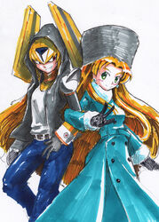  2girls android belt black_gloves blonde_hair blush breasts buttons capcom coat earrings fur_collar fur_trim gloves green_eyes grey_gloves grin hat helmet hood hoodie kalinka_cossack long_hair looking_to_the_side medium_breasts multiple_girls oro_s red_eyes rockman rockman_(classic) rockman_xover saikoraru simple_background smile traditional_media ushanka white_background 