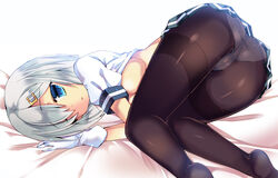  :o ass black_pantyhose blue_eyes breasts commentary_request female gloves grey_hair hair_ornament hair_over_one_eye hairclip hamakaze_(kancolle) kantai_collection large_breasts looking_at_viewer lying panties panties_under_pantyhose pantyhose pleated_skirt school_uniform serafuku short_hair short_sleeves skirt solo sparkle thighband_pantyhose underwear white_gloves yoroi_nau 