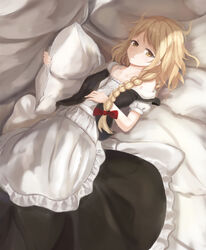  :o apron bad_id bad_pixiv_id blonde_hair blush braid chemise female flat_chest highres hugging_object ke-ta_(style) kirisame_marisa long_hair lying messy_hair off_shoulder on_back on_bed open_clothes open_vest pillow pillow_hug puffy_short_sleeves puffy_sleeves short_sleeves single_braid skirt skirt_set sleepy solo touhou vest waist_apron yellow_eyes yukitourou 