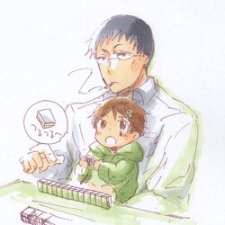  2boys aged_down black_hair brown_eyes cigarette commentary_request father_and_son glasses hair_ornament hairclip hasegawa_utsutsu holding holding_mahjong_tile mahjong mahjong_tile mogi_sayaka multiple_boys official_art onijima_shirou pupa scar scar_across_eye scar_on_face smoking 