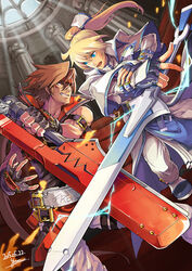  2015 2boys battle blonde_hair blue_eyes brown_hair capelet clash commentary crossed_swords duel fingerless_gloves gloves grin guilty_gear guilty_gear_xrd hair_ribbon headband junkyard_dog_mk_iii ky_kiske long_hair magnolia_eclair_ii male_focus multiple_boys photoshop_(medium) ponytail reverse_grip ribbon signature smile sol_badguy sword uniform weapon yora 