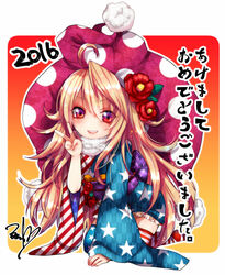  2016 adapted_costume ahoge akeome all_fours alternate_legwear american_flag american_flag_kimono american_flag_legwear american_flag_print blonde_hair blush camellia clownpiece commentary_request female flag_print flower fua_yuu full_body fur_trim gradient_background gradient_eyes hair_between_eyes hair_flower hair_ornament happy_new_year hat japanese_clothes jester_cap kimono large_hat long_hair long_sleeves looking_at_viewer multicolored_eyes neck_ruff new_year obi orange_background outline outside_border polka_dot pom_pom_(clothes) print_kimono red_eyes sash short_kimono smile solo star_(symbol) star_print striped_clothes striped_thighhighs thighhighs touhou v very_long_hair wide_sleeves yagasuri zettai_ryouiki 