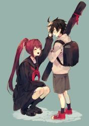  age_difference aged_down backpack bad_id bad_twitter_id bag black_serafuku closed_eyes commentary female hair_intakes hair_ribbon hand_on_another&#039;s_head kido_hyde loafers lolicon long_hair ponytail purple_hair randoseru ribbon school_uniform serafuku shoes smile sneakers suzunashi teenage under_night_in-birth uniform very_long_hair weapon_bag yuzuriha_(under_night_in-birth) 