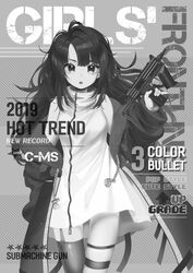  absurdres bare_shoulders c-ms_(girls&#039;_frontline) cbj-ms character_name commentary_request cover dress female girls&#039;_frontline greyscale gun highres ice_s_s_z jacket korean_commentary long_hair long_sleeves looking_at_viewer magazine_cover mole mole_under_eye monochrome off_shoulder open_clothes protected_link solo submachine_gun thigh_strap thighhighs very_long_hair weapon 