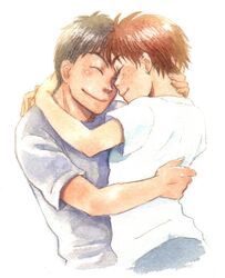  1boy black_hair brown_hair closed_eyes commentary_request couple female forehead-to-forehead heads_together hug izumi_noa kidou_keisatsu_patlabor painting_(medium) shinohara_asuma short_hair smile straight traditional_media ususionorisio watercolor_(medium) 