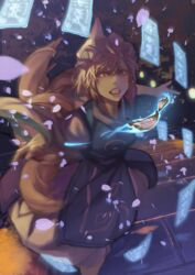  animal_hat blonde_hair clenched_teeth commentary_request dress female fox_tail hat hidebo highres long_sleeves looking_at_viewer mob_cap multiple_tails outstretched_arms solo spell_card tabard tail teeth touhou white_dress wide_sleeves yakumo_ran yellow_eyes 