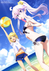  2girls absurdres albus_(zero_kara_hajimeru_mahou_no_sho) ball beach beachball bikini blonde_hair choker contemporary day food highres igawa_norie long_hair megami_magazine multiple_girls navel official_art outdoors popsicle purple_eyes reverse_trap short_hair swimsuit white_hair yellow_eyes zero_(zero_kara_hajimeru_mahou_no_sho) zero_kara_hajimeru_mahou_no_sho 