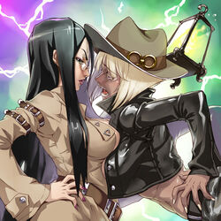  2girls absurdres asymmetrical_docking belt belt_buckle black_eyes black_hair blonde_hair breast_press breasts buckle commentary_request cropped_jacket dark-skinned_female dark_skin deathwingxiii eye_contact eyeshadow face-to-face glasses hands_on_own_hips hat highres lantern large_breasts leaning_forward lightning_background lipstick long_hair looking_at_another makeup medium_hair multiple_girls nail_polish navel open_mouth original purple_eyes purple_nails red_lips sweat sweatdrop teeth very_long_hair yellow_nails 