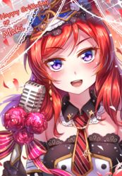  :d bad_id bad_pixiv_id blush cafe_maid_(love_live!) character_name female happy happy_birthday love_live! love_live!_school_idol_project miazi microphone microphone_stand nishikino_maki open_mouth petals purple_eyes red_hair short_hair smile solo treble_clef 