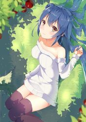  bare_shoulders blue_hair blurry blush breasts brown_eyes brown_thighhighs closed_mouth collarbone commentary dappled_sunlight day depth_of_field dress feet_out_of_frame female from_side grass hatsu_(first_snow) highres knees_up long_hair long_sleeves looking_at_viewer lying medium_breasts off_shoulder on_back on_ground original outdoors sideways smile solo sunlight sweater sweater_dress symbol-only_commentary thighhighs tree tree_shade white_dress zettai_ryouiki 