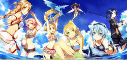  1boy 6+girls animal_ears asuna_(sao) bad_id bad_yandere_id bikini bikini_skirt black_bikini black_hair blonde_hair blue_hair breasts brown_hair bunbun cat_ears cat_girl cat_tail cleavage day diving_mask dragon elf fairy fishing_rod floral_print goggles hat highres innertube kirito large_breasts leafa lisbeth_(sao) lolicon long_hair long_legs medium_breasts mini_person minigirl multiple_girls ocean official_art pina_(sao) pink_hair pointy_ears sarong see-through see-through_sarong short_hair short_shorts shorts sinon small_breasts striped_bikini striped_clothes swim_ring swimsuit sword_art_online tail water watermark white_bikini white_sarong yui_(sao) yui_(sao-alo) 