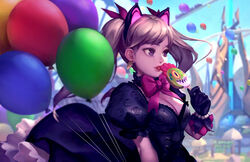  amusement_park animal_ears balloon black_cat_d.va blizzard_world blonde_hair blue_sky bow bracelet cat_ears commentary d.va_(overwatch) dress earrings english_commentary female food glowing highres holding jewelry licking long_hair murloc oerba_yun_fang overwatch overwatch_1 pearl_bracelet popsicle purple_eyes roller_coaster signature sky solo tinadraw twintails 