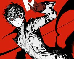  1boy amamiya_ren black_hair card gloves jacket koto_(gamelife506) looking_at_viewer male_focus mask persona persona_5 protected_link red_gloves simple_background solo super_smash_bros. 