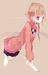  :&lt; black_skirt braid brown_hair checkered commentary_request cropped_legs female glowing glowing_eye kitchen_knife knife leaning_forward long_hair looking_at_viewer madotsuki miniskirt outstretched_arms pink_eyes pink_shirt pink_sweater riuichi shirt simple_background skirt solo sweater twin_braids weapon yume_nikki 