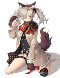  animal_ears animal_hands bad_id bad_pixiv_id belt breasts chinese_commentary coat commentary cross fake_animal_ears fake_tail female fox_ears fox_tail girls&#039;_frontline grey_hair h&amp;k_hk21 hair_ornament hair_over_one_eye hk21_(girls&#039;_frontline) jewelry long_hair long_sleeves open_clothes scarf simple_background solo tail thigh_strap twintails xi_zhujia_de_rbq 