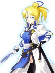  ayase_eli belt blonde_hair commentary_request cosplay female fingerless_gloves gloves guilty_gear hair_ribbon ky_kiske ky_kiske_(cosplay) long_hair looking_at_viewer love_live! love_live!_school_idol_project magnolia_eclair_ii multiple_belts onsoku_inu ponytail ribbon solo sword uniform weapon 